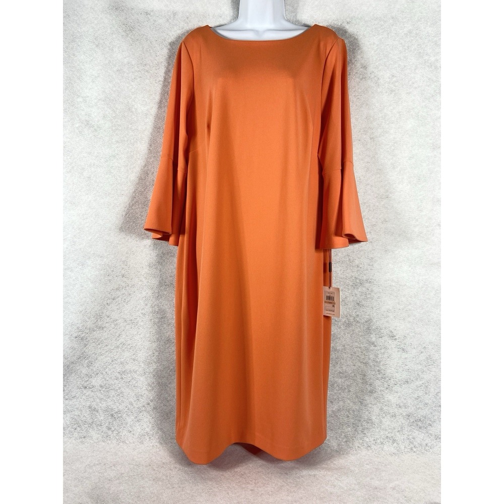 Calvin Klein Dress Womens 14W Orange Sheath Bell Sleeves Modern Professional New